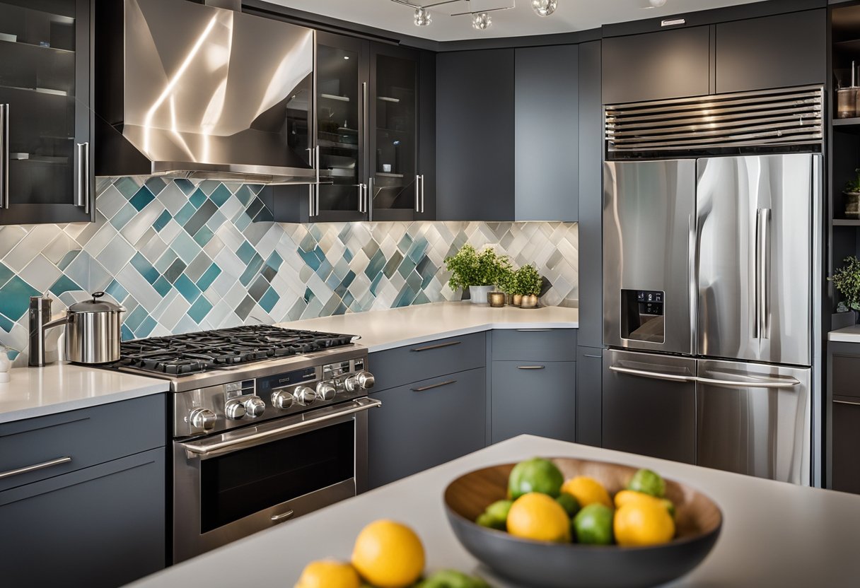 A modern kitchen showroom with sleek countertops, stainless steel appliances, and vibrant backsplash tiles