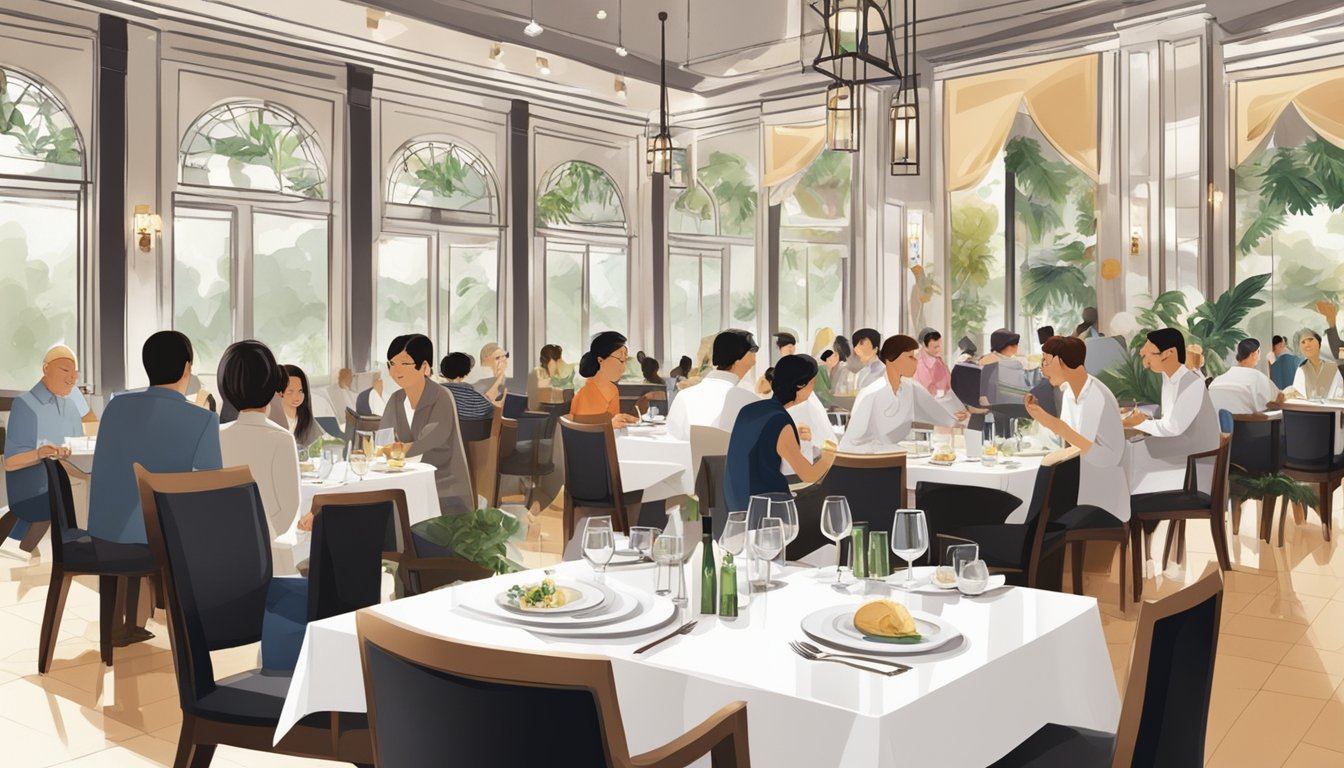 A bustling restaurant in Singapore, with elegant decor and a welcoming atmosphere. Tables are neatly set with white tablecloths and sparkling glassware. Customers are engaged in lively conversation, enjoying delicious food and drinks