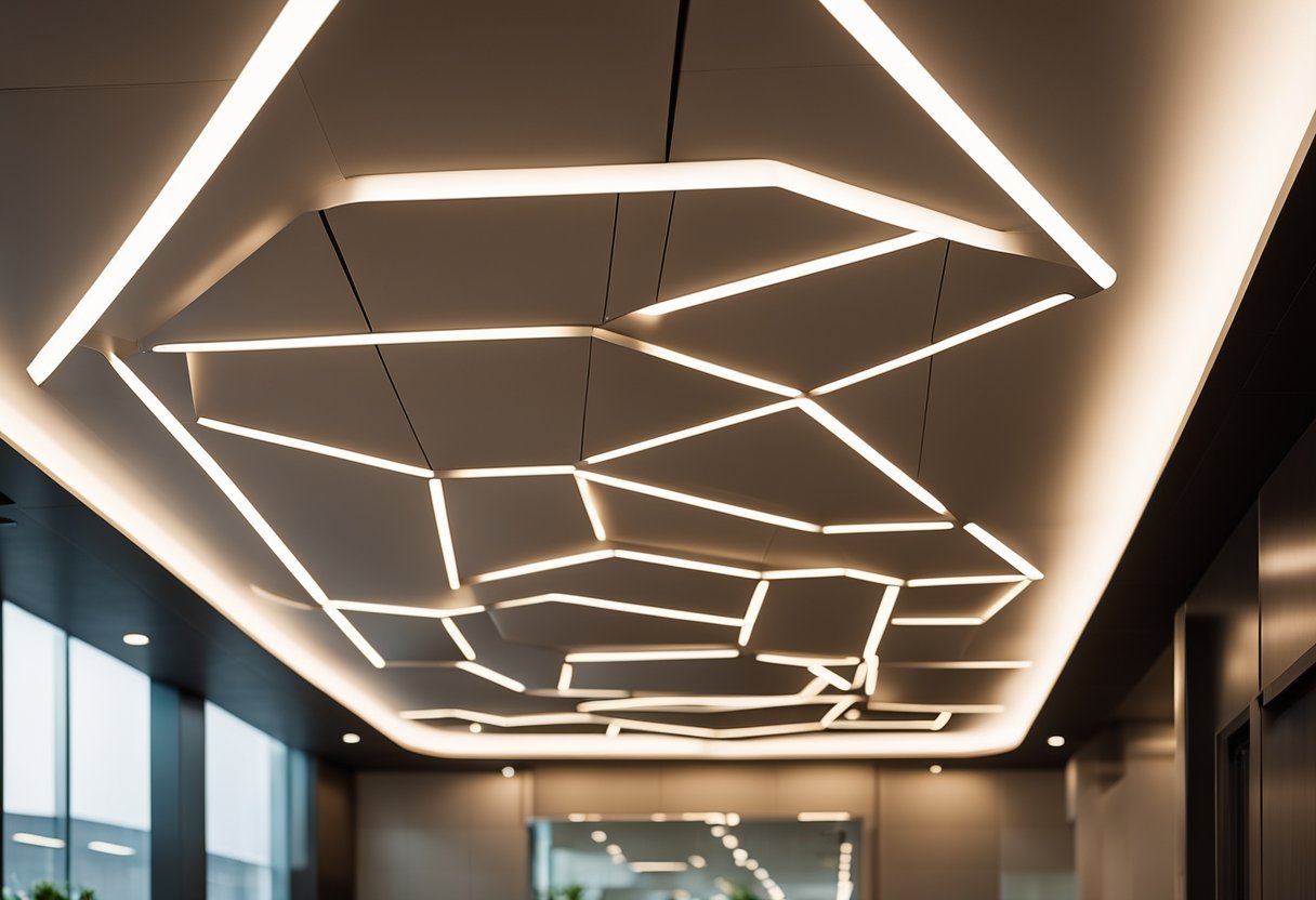 The ceiling features modern, geometric patterns with integrated LED lighting, creating a warm and inviting ambiance in the office reception area