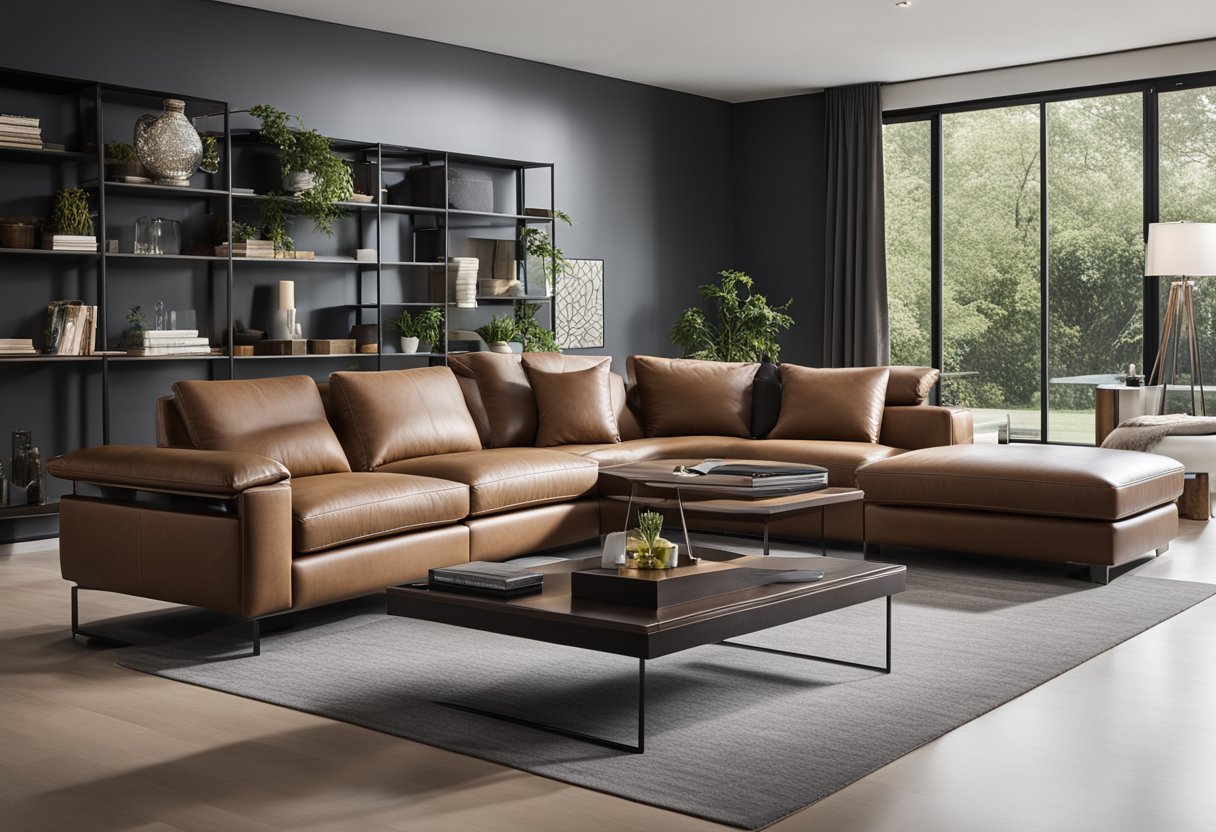 A spacious living room with modern Kuka furniture, featuring a sleek leather sofa, a stylish coffee table, and a contemporary entertainment unit