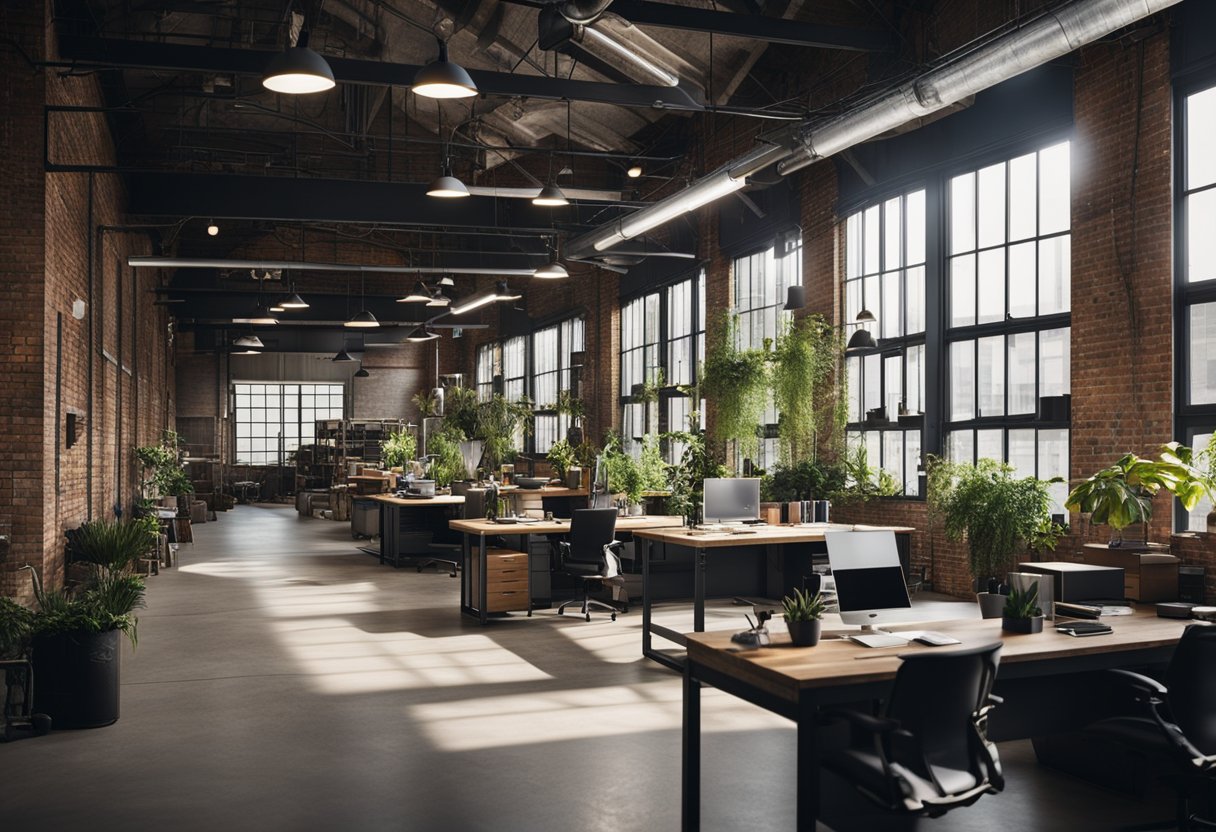 An industrial warehouse office with exposed brick walls, metal beams, and large windows. A mix of modern and vintage furniture, plants, and industrial lighting create a stylish and functional workspace