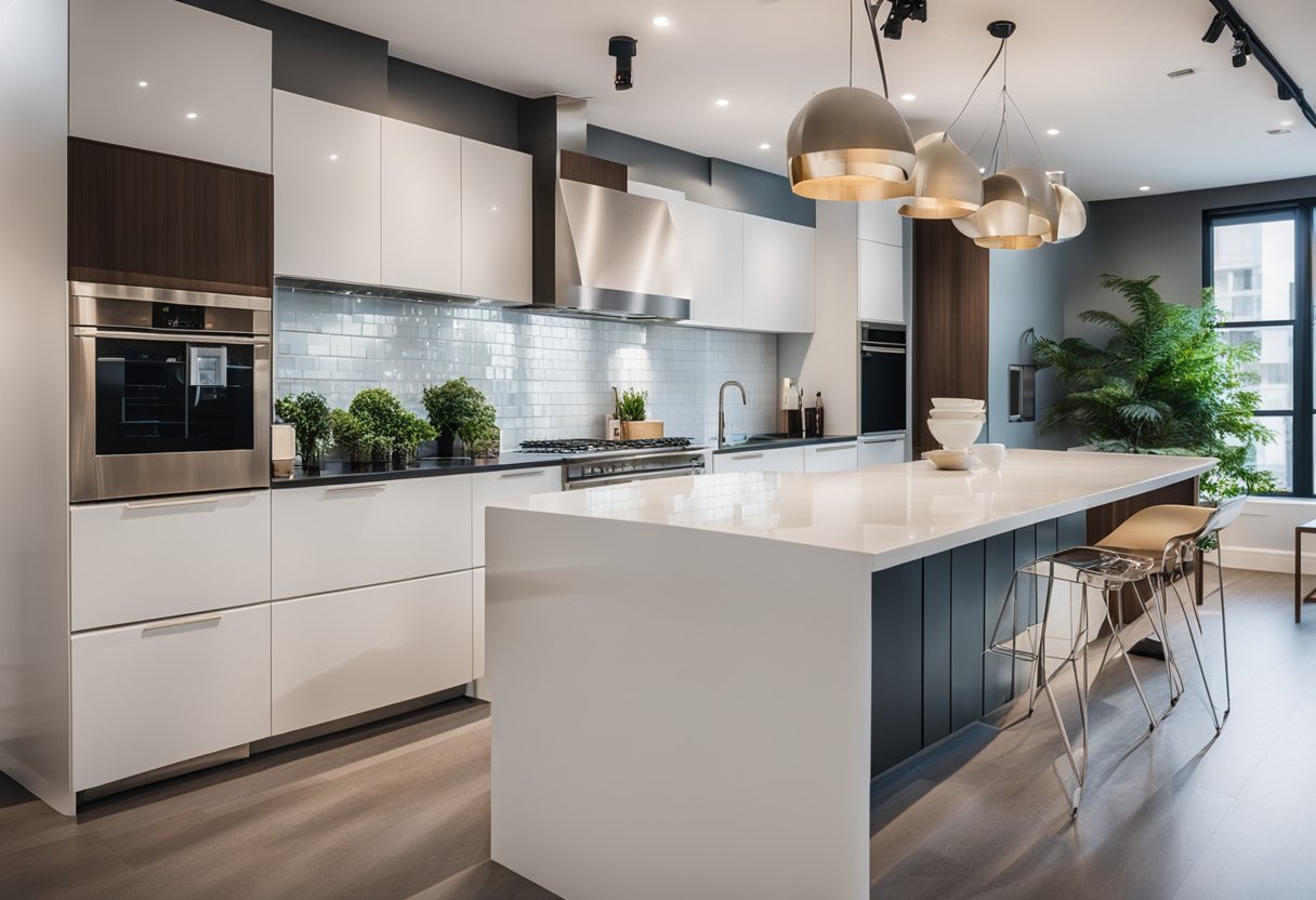 A bright, spacious kitchen showroom with modern appliances, sleek countertops, and a variety of cabinet styles and finishes on display
