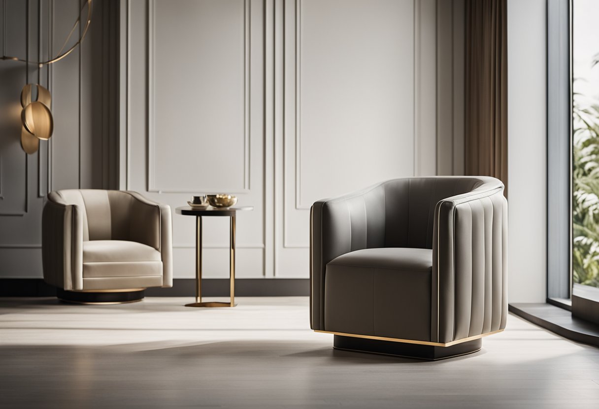 A sleek, modern chair stands in a well-lit room, showcasing impeccable design and craftsmanship. The clean lines and luxurious materials exude sophistication