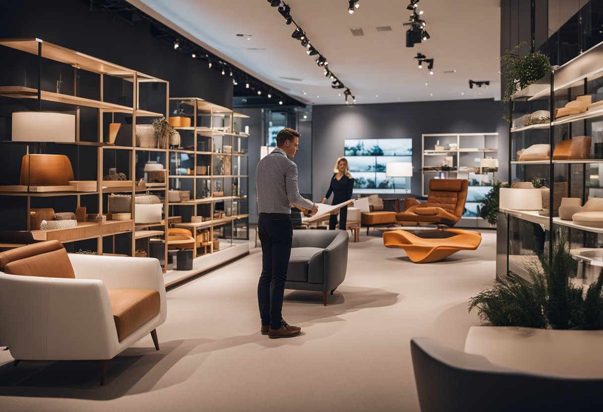 A customer browsing through a kuka furniture showroom, with various pieces displayed and a staff member assisting