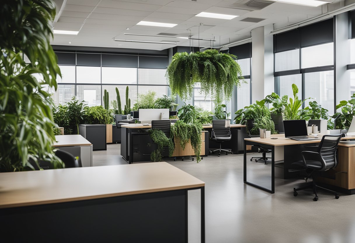 The office is filled with lush green plants, creating a calming and inviting atmosphere. The modern design features clean lines and neutral colors, with plenty of natural light streaming in through large windows