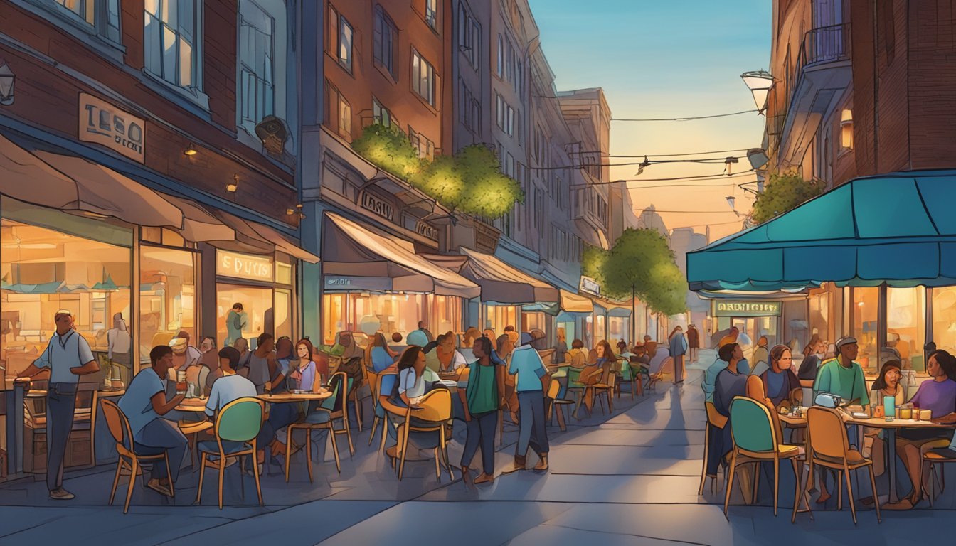 A bustling city street with a vibrant restaurant sign illuminating the night. Tables and chairs spill onto the sidewalk, filled with diners enjoying their meals