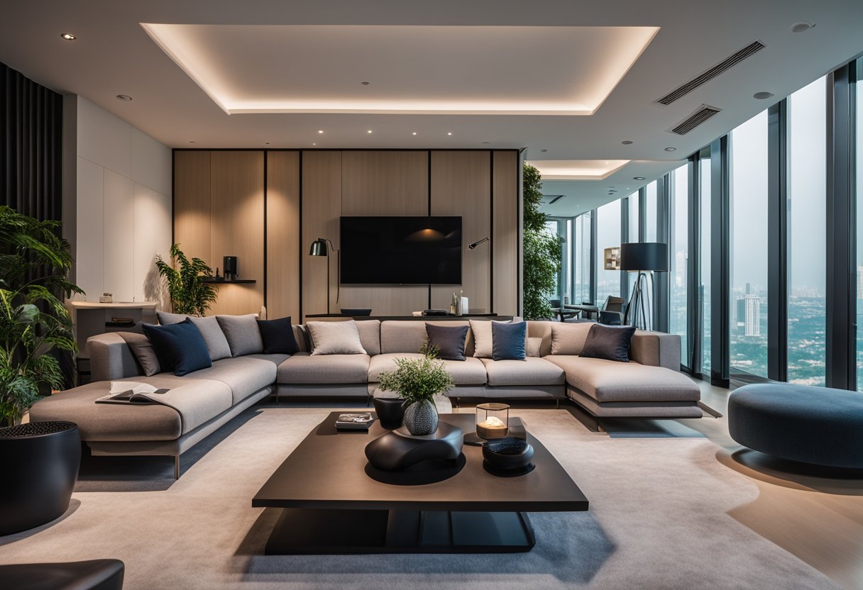 A cozy living room with modern furniture, soft lighting, and a sleek coffee table in a spacious showroom in Singapore