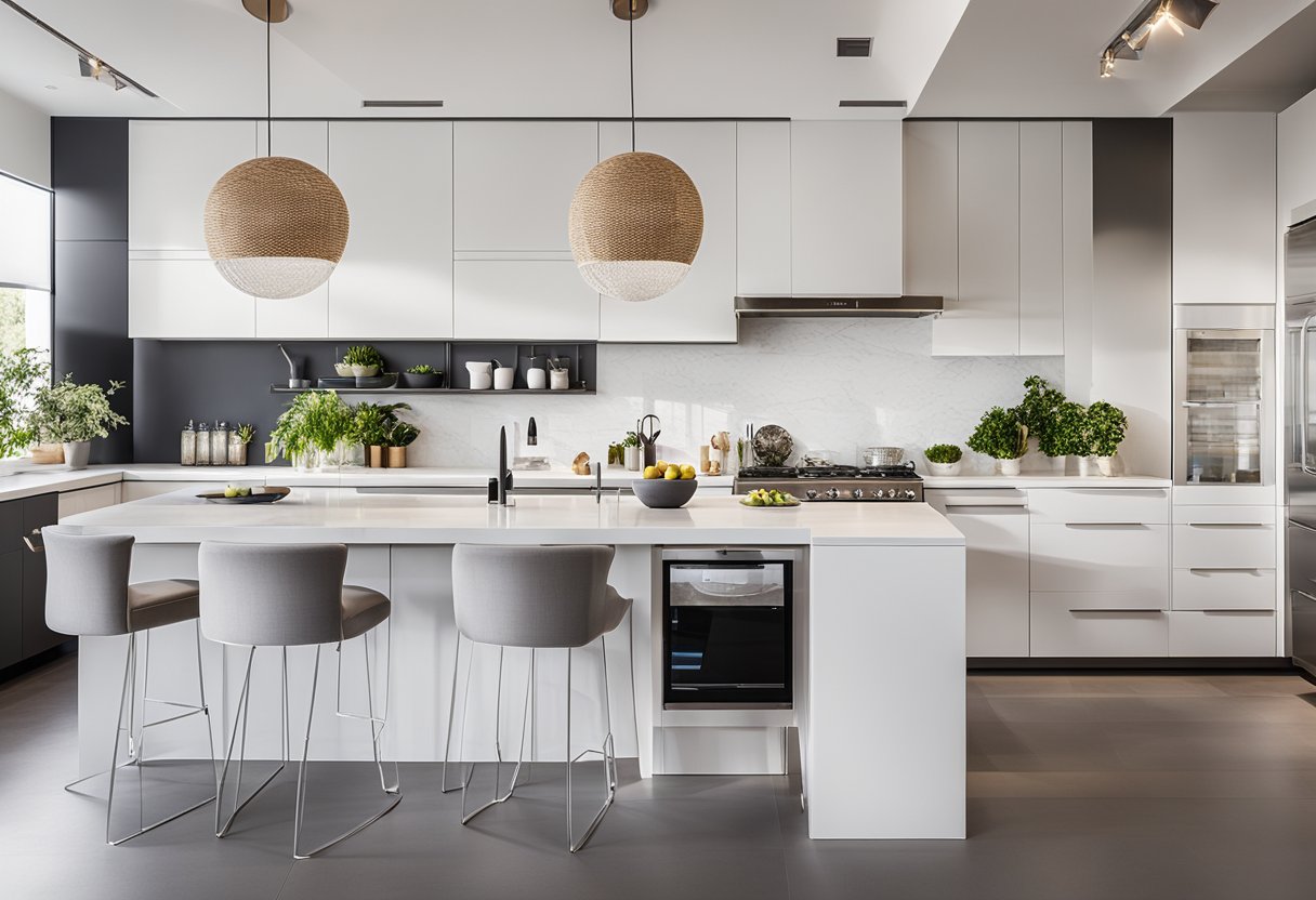 A bright, modern kitchen showroom with sleek countertops, stylish cabinetry, and state-of-the-art appliances. Natural light floods the space, highlighting the functional layout and inviting atmosphere