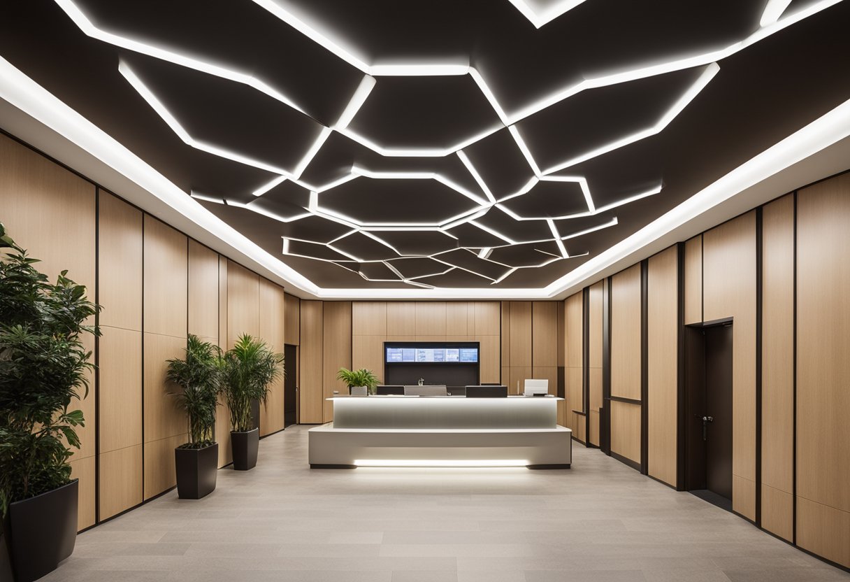 The reception area features a modern, geometric ceiling design with recessed lighting and suspended panels. The pattern is symmetrical and creates a sense of depth and dimension