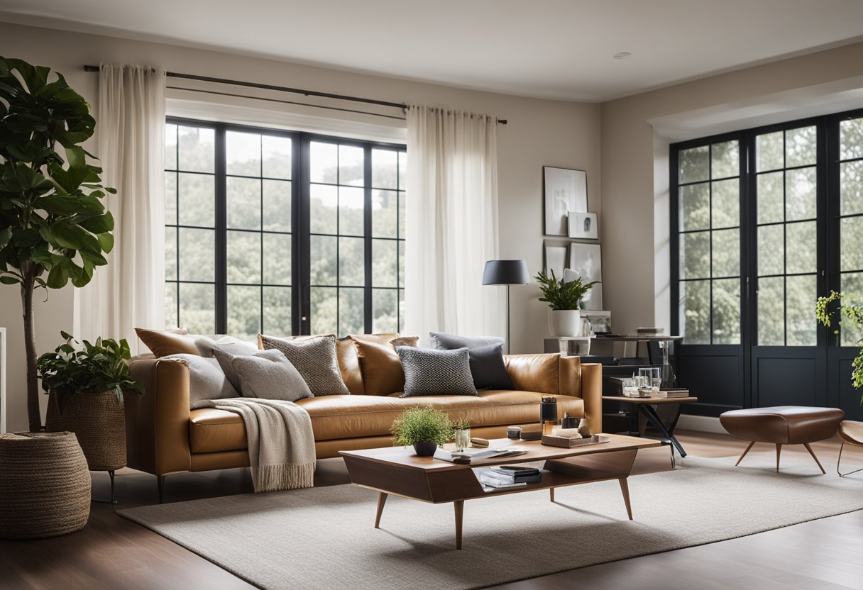 A cozy living room with a modern sofa, a sleek coffee table, and a stylish entertainment unit. Bright natural light streams in through large windows, illuminating the space
