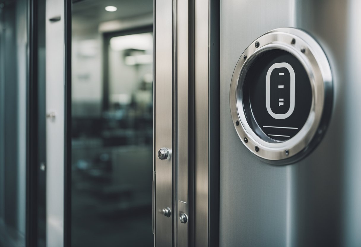 A stainless steel swinging door with a porthole window, push bar, and "staff only" sign