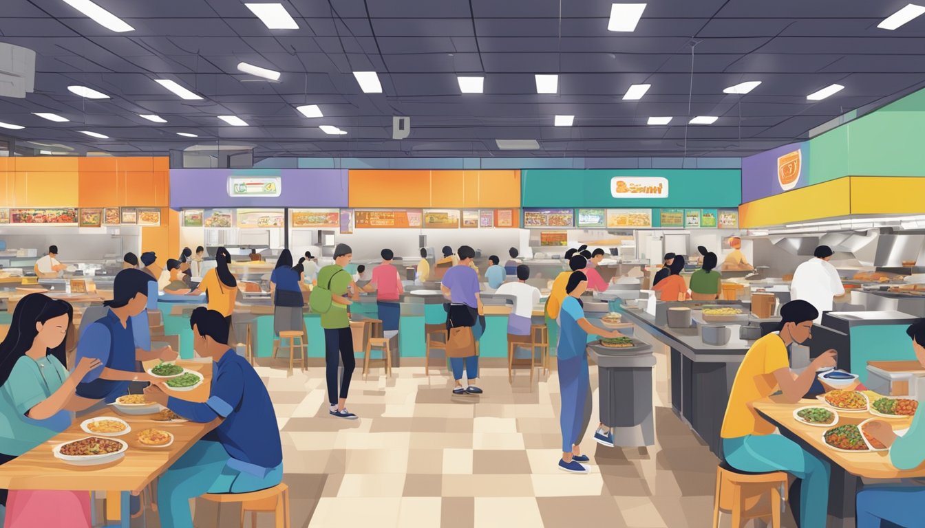 A bustling food court at AMK ITE, filled with diverse culinary offerings and vibrant colors, as students and locals alike gather to savor the array of delicious dishes