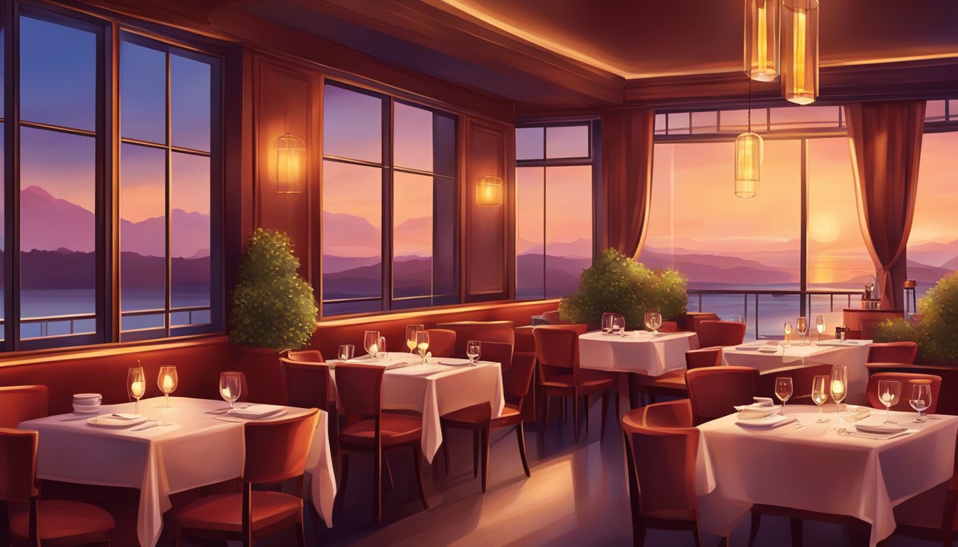 The crimson restaurant glowed under the warm evening light, with elegant tables set for a romantic dinner, and the aroma of delicious cuisine filling the air