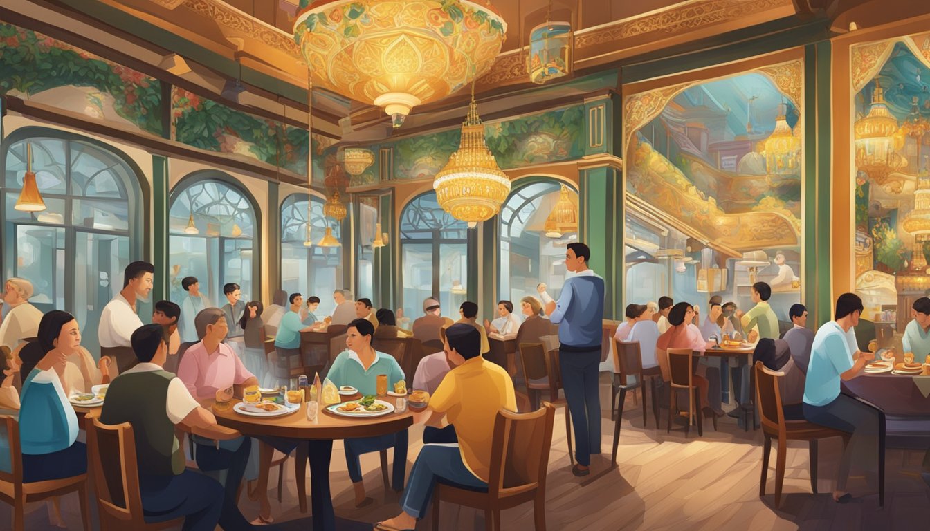 A bustling Russian restaurant in Singapore, with patrons enjoying traditional cuisine and lively music. Decor includes ornate chandeliers and colorful murals
