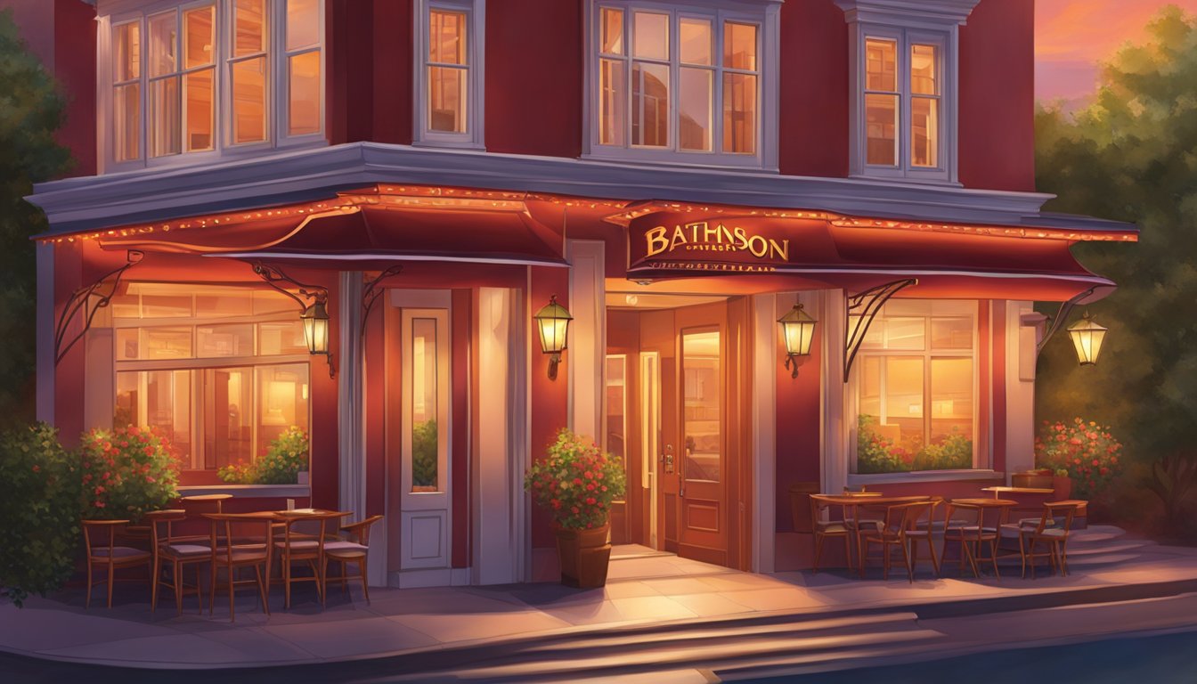 The warm glow of the sunset bathes the exterior of the Crimson Restaurant, casting a vibrant hue over the elegant facade and inviting entrance