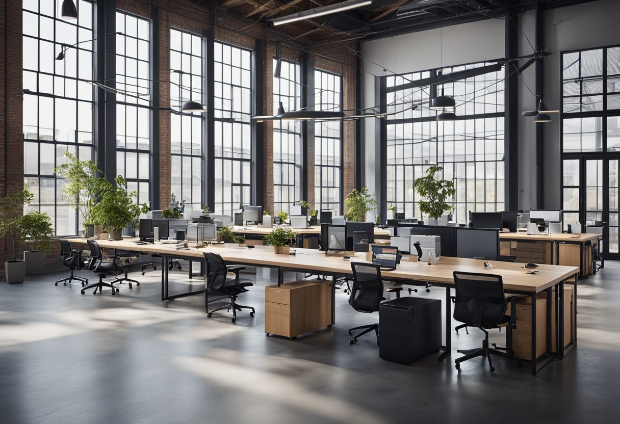 An expansive industrial warehouse office with modern, minimalist design. Open floor plan, high ceilings, exposed beams, and large windows. Sleek, ergonomic workstations and collaborative meeting areas