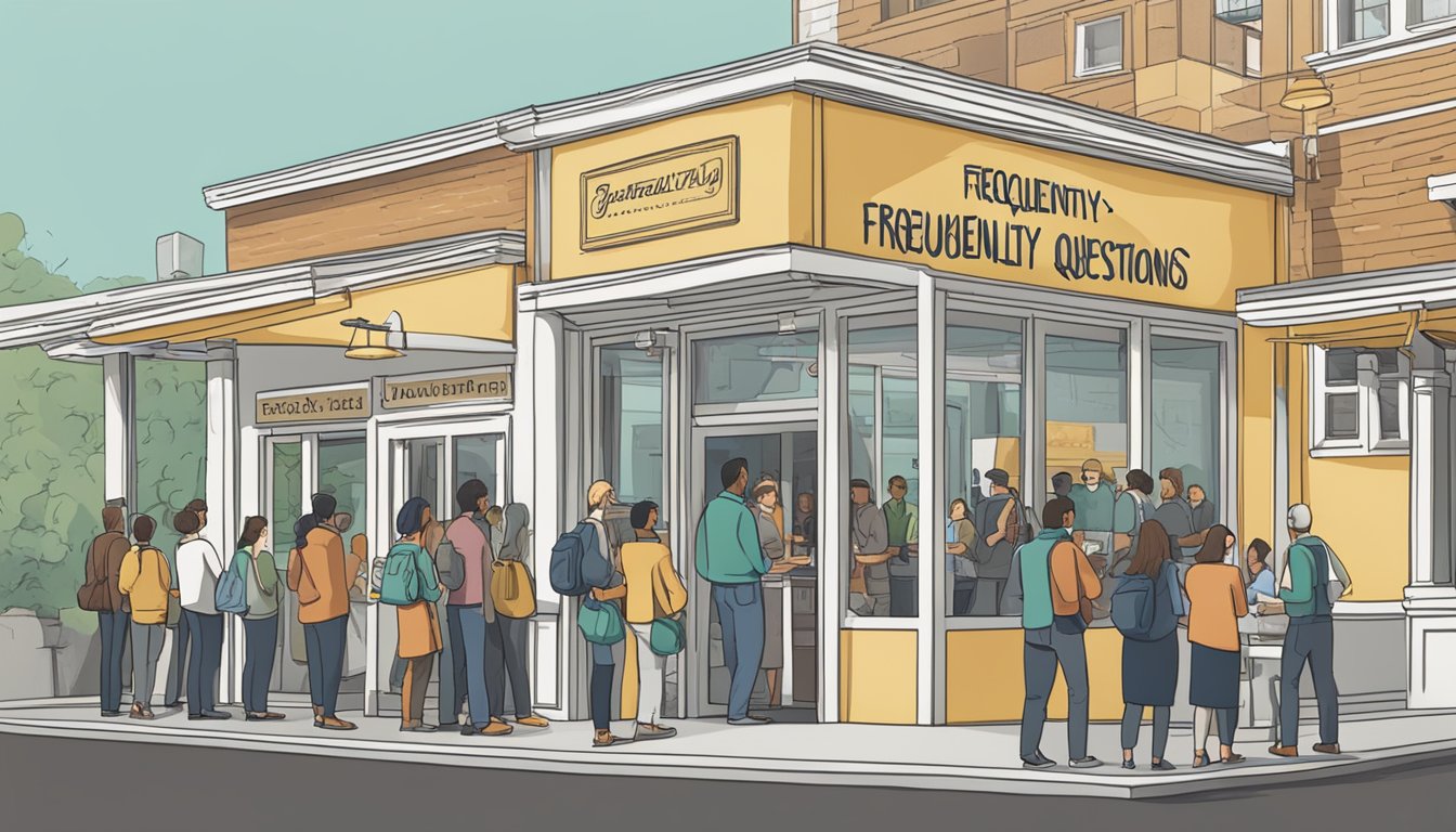 Customers lining up at the entrance of a busy restaurant, with a sign that reads "Frequently Asked Questions" above the door