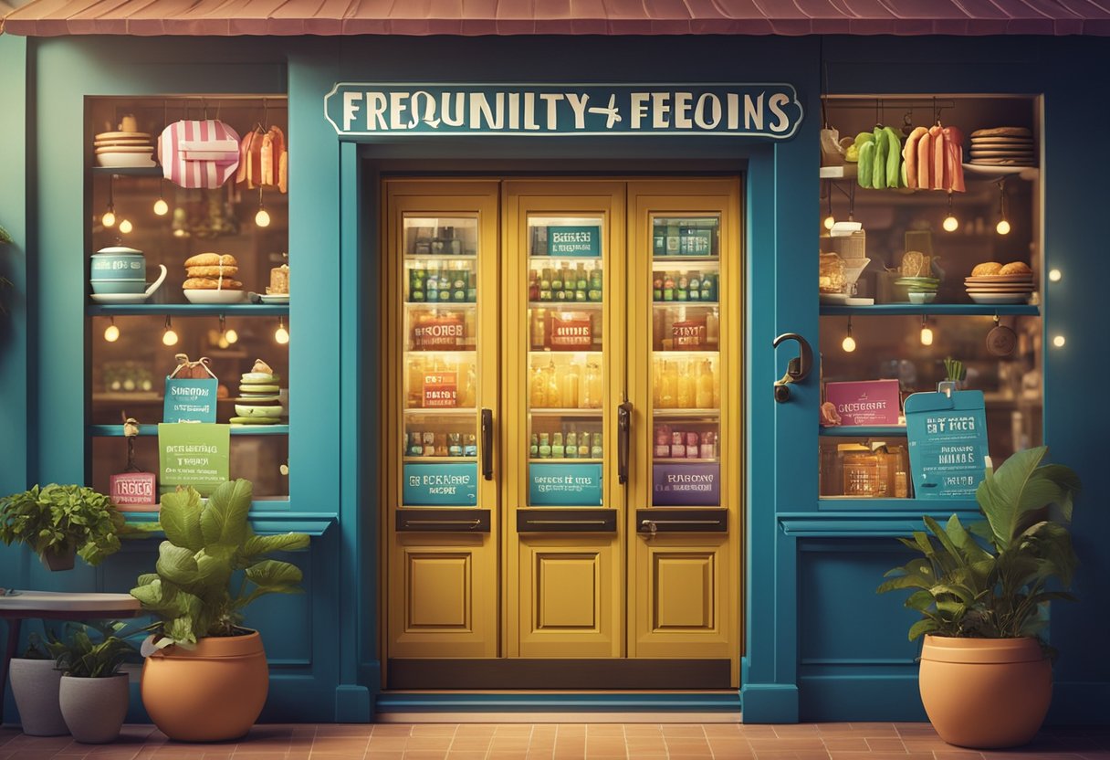 A swinging double door with "Frequently Asked Questions" written in bold, playful font, surrounded by colorful illustrations of food and utensils