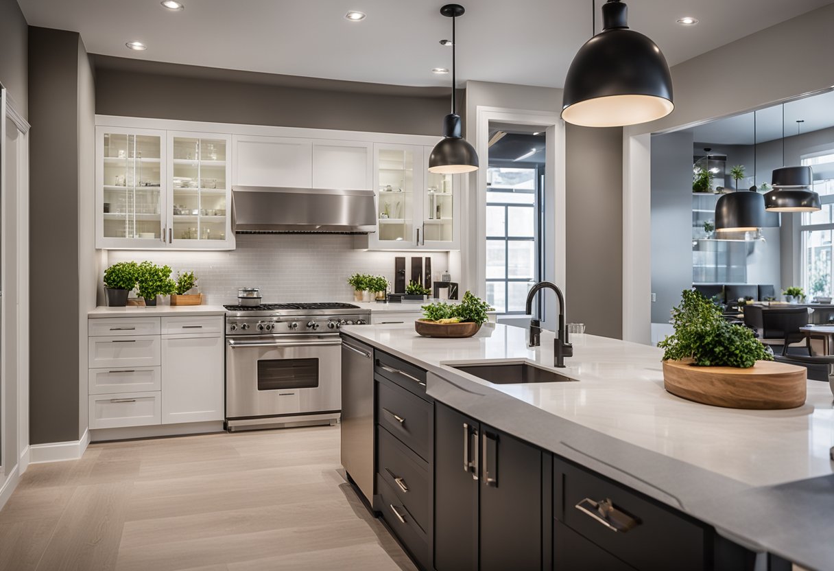 A spacious kitchen showroom with modern appliances, sleek countertops, and stylish cabinetry. Bright lighting and a welcoming layout invite customers to explore