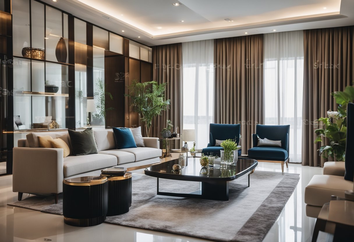A modern living room with sleek, luxurious furniture in Singapore. Rich textures and elegant details create a sophisticated and inviting space