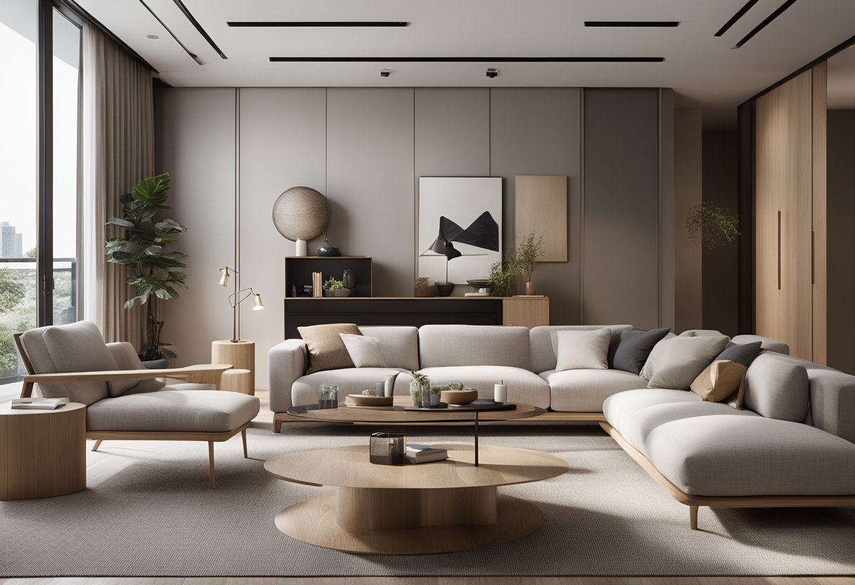A modern living room with sleek, minimalist furniture from Originals Singapore. Clean lines, natural wood, and neutral colors create a contemporary and inviting space