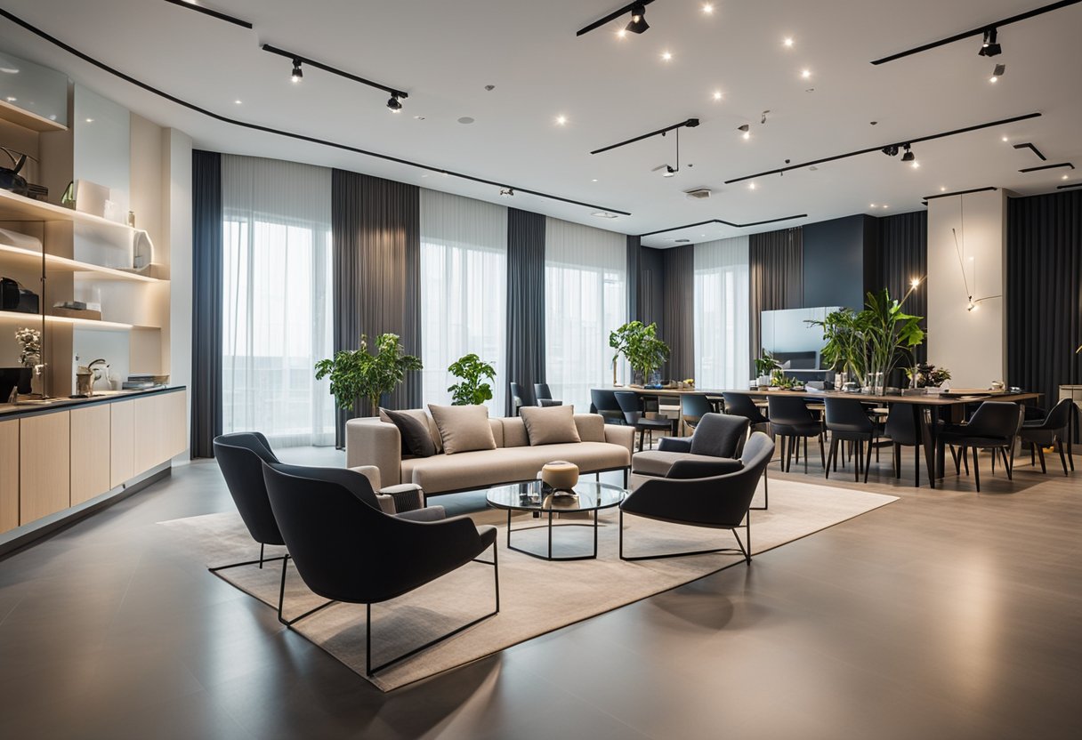A spacious showroom with modern furniture displays in Originals Furniture, Singapore. Bright lighting and clean lines create a minimalist and inviting atmosphere