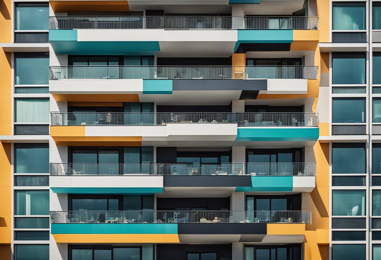 A modern balcony with a sleek, geometric pop design. Clean lines and bold colors create a striking visual impact