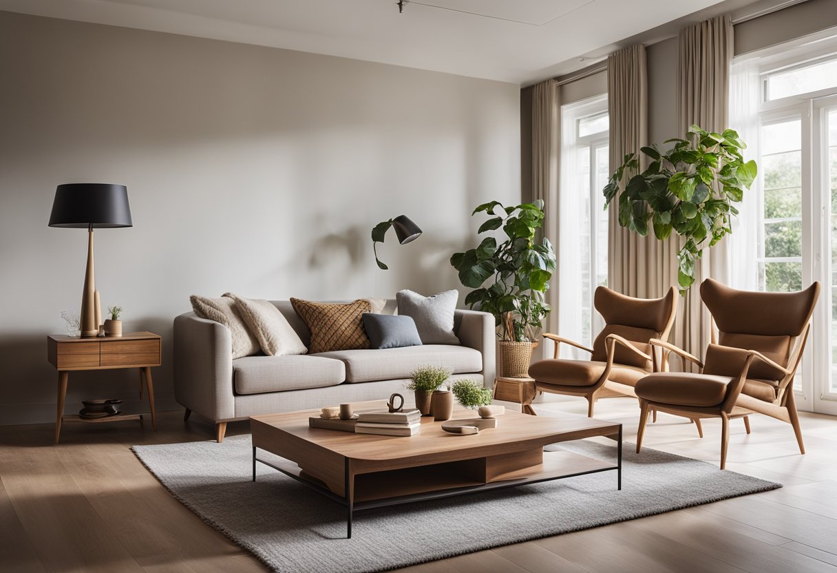 A cozy living room with Originals Furniture, featuring a wooden coffee table, a comfortable sofa, and a stylish armchair. The room is filled with natural light from large windows, creating a warm and inviting atmosphere