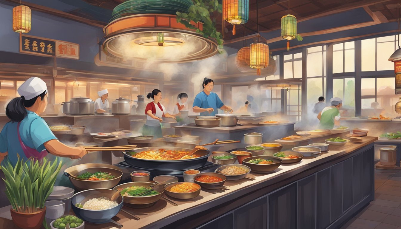 The bustling Sum Kee restaurant, with steaming woks and colorful ingredients, fills with the aroma of sizzling dishes and the sound of clinking chopsticks