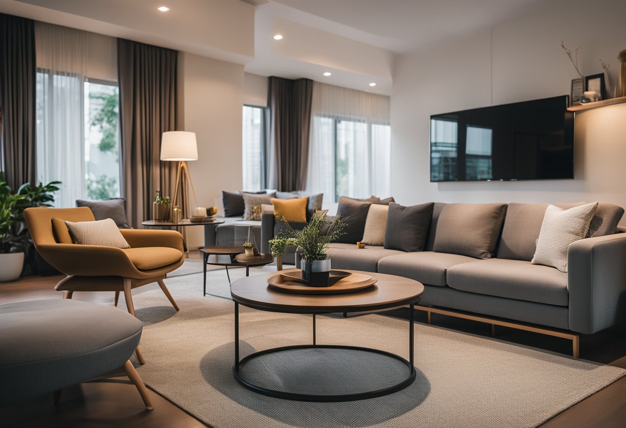 A cozy living room with modern and stylish furniture from Frequently Asked Questions originals in Singapore. Bright lighting and clean lines create a welcoming atmosphere
