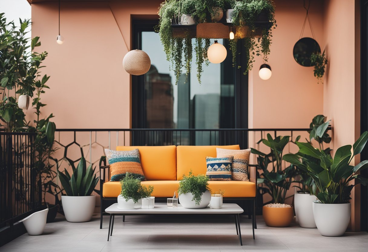 A modern balcony with vibrant colors, geometric patterns, and sleek furniture. Plants and hanging lights add a cozy touch to the stylish design