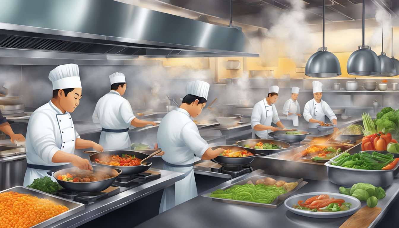 A bustling restaurant kitchen with chefs cooking and chopping, steam rising from sizzling woks, and colorful ingredients lining the counters
