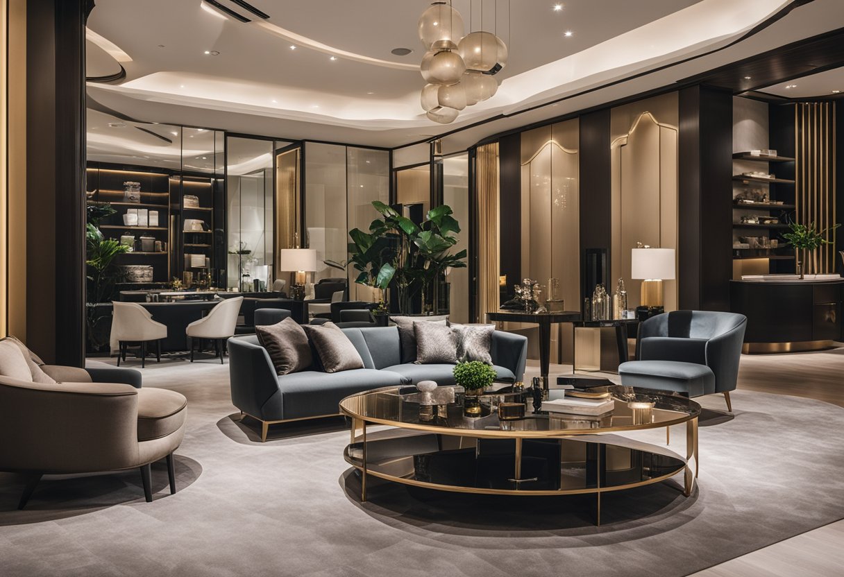 A luxurious showroom in Singapore displays elegant furniture collections, featuring sleek designs and high-quality materials