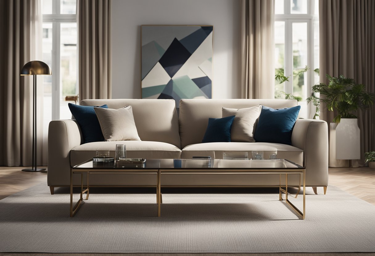 A sleek, modern sofa sits in a spacious, well-lit living room. The furniture exudes luxury with its clean lines and plush cushions, showcasing exquisite craftsmanship