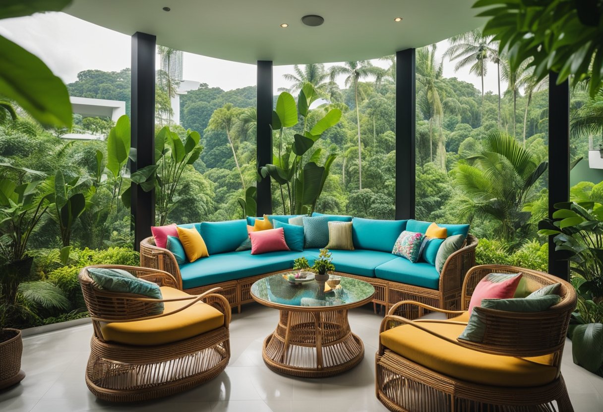 A cozy living room with a rattan sofa and chairs, adorned with colorful cushions, set against a backdrop of lush greenery in Singapore