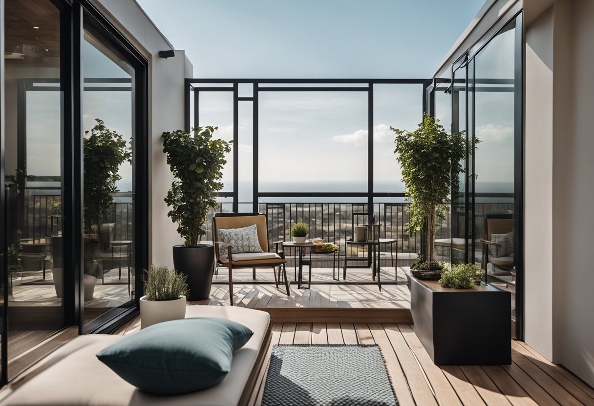 A modern balcony with sleek, geometric pop design featuring clean lines and a minimalist aesthetic. The design includes a mix of materials such as glass, metal, and wood, creating a contemporary and stylish look