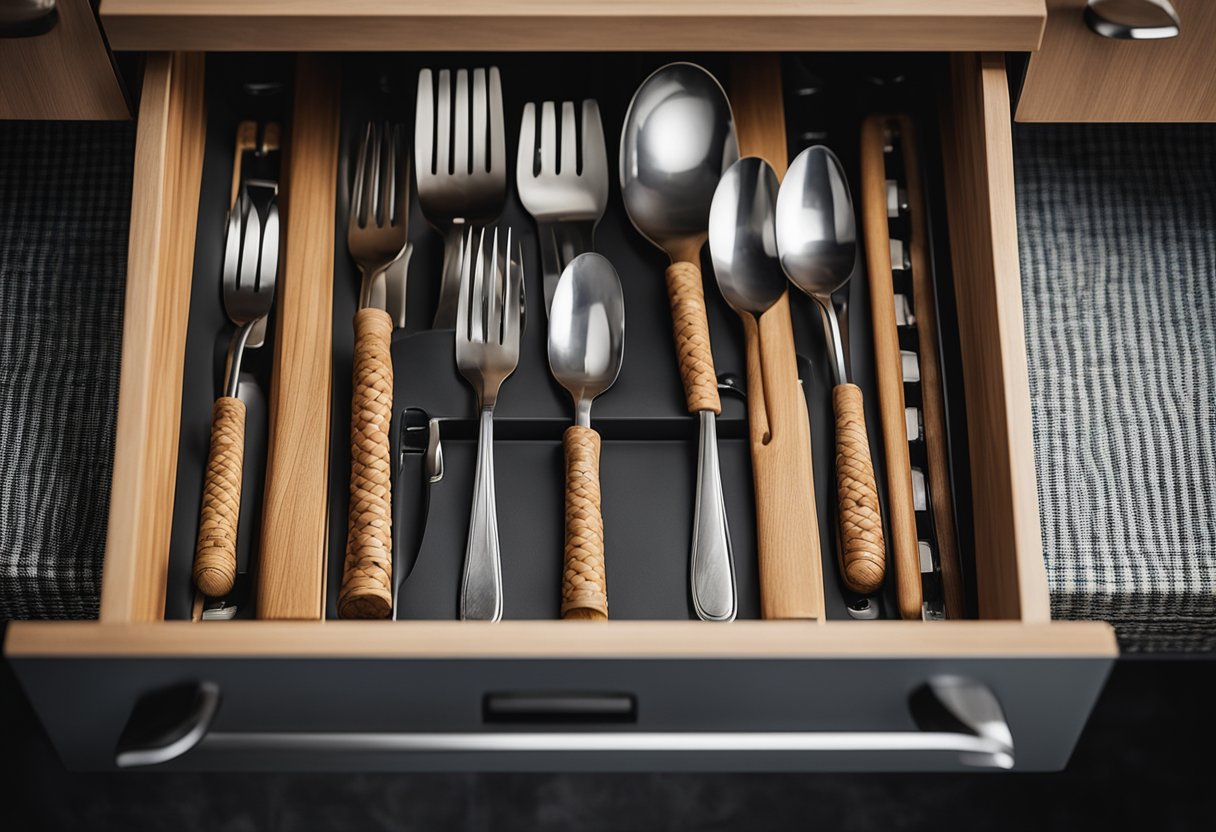 A kitchen drawer with a woven basket design, filled with utensils and cutlery