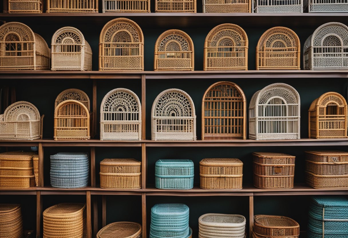 A row of cane furniture shops in Singapore, with colorful displays and intricate designs