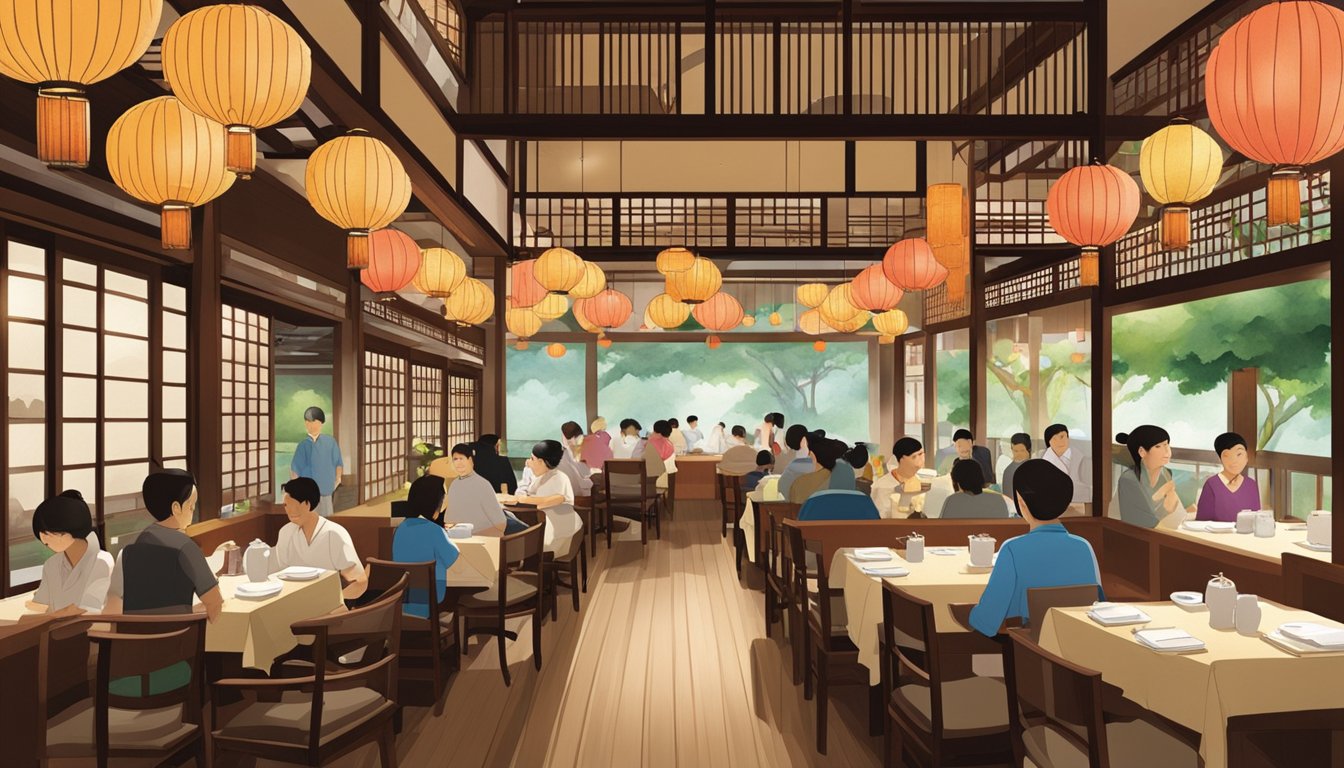 The bustling interior of Hana Japanese Restaurant in Singapore, filled with traditional wooden furnishings and vibrant paper lanterns, exudes an inviting and lively atmosphere