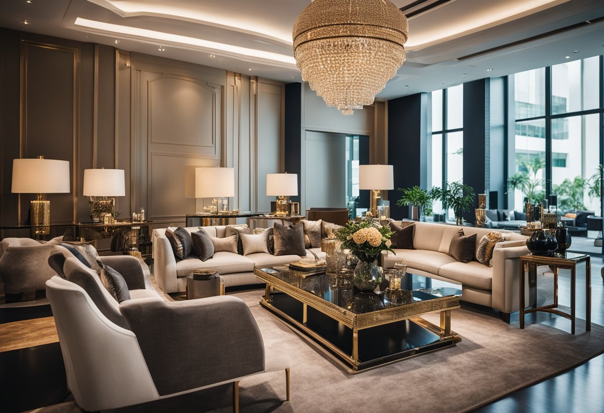 A luxurious furniture showroom in Singapore, with elegant pieces displayed in a spacious, well-lit setting. Rich textures and sophisticated designs create an inviting atmosphere for customers