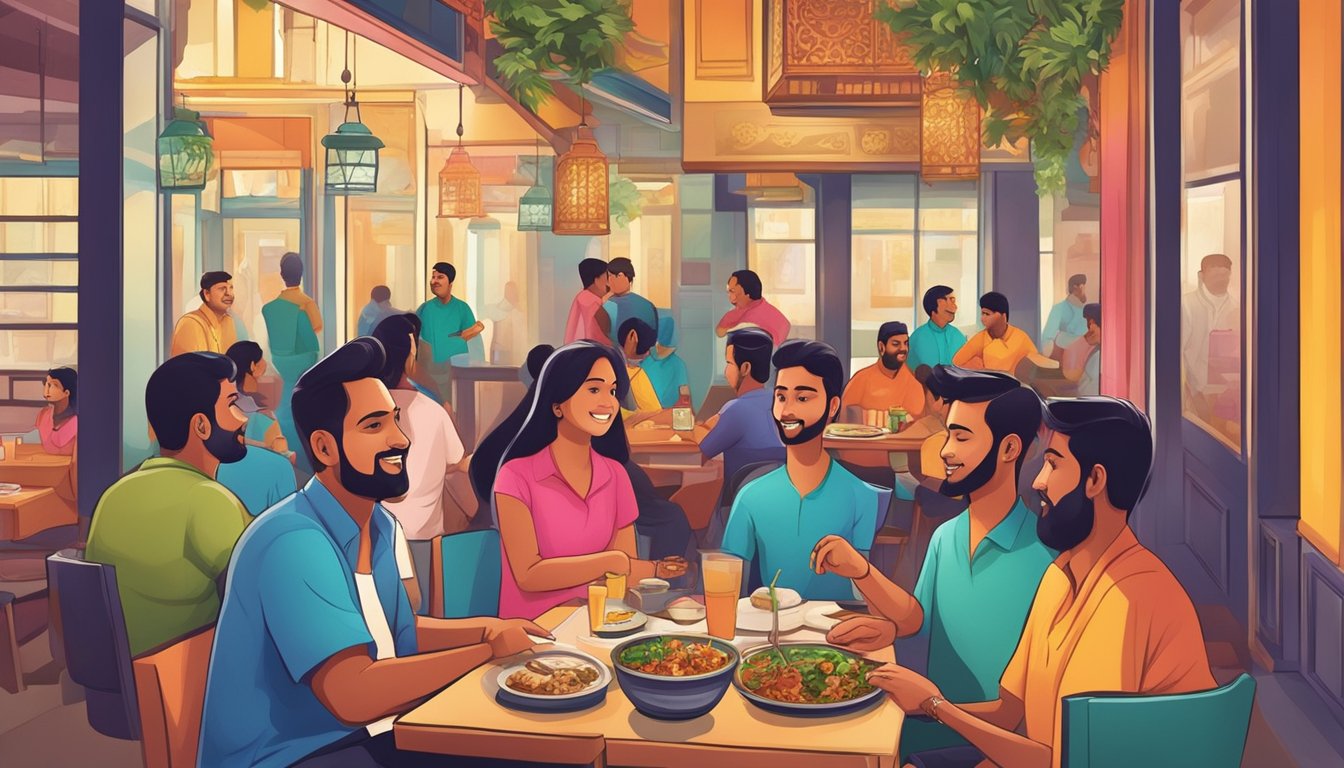Customers savoring flavorful halal Indian dishes in a vibrant and bustling restaurant setting in Singapore