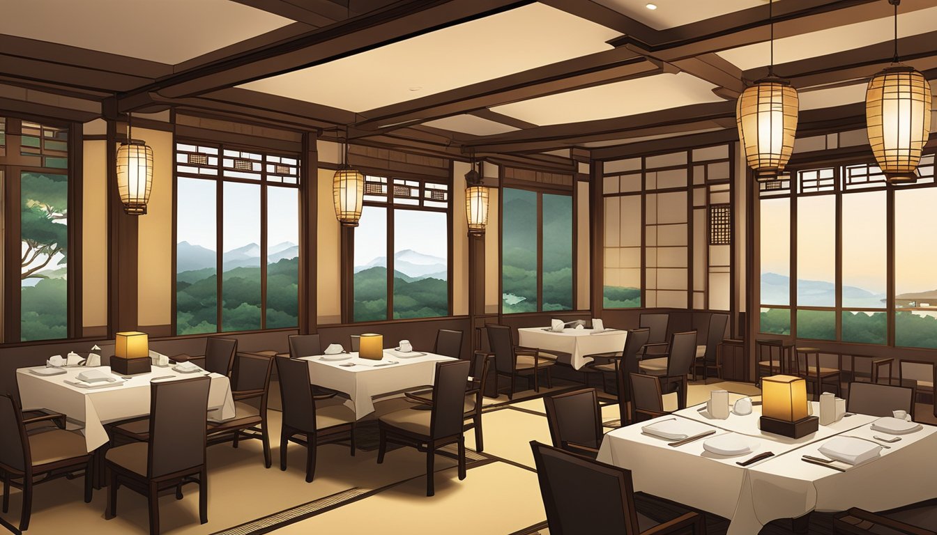 The elegant dining room at Hana Hana Japanese Restaurant is adorned with traditional Japanese decor, featuring low tables, paper lanterns, and intricate woodwork. The soft glow of ambient lighting creates a warm and inviting atmosphere for guests to enjoy their exquisite dining