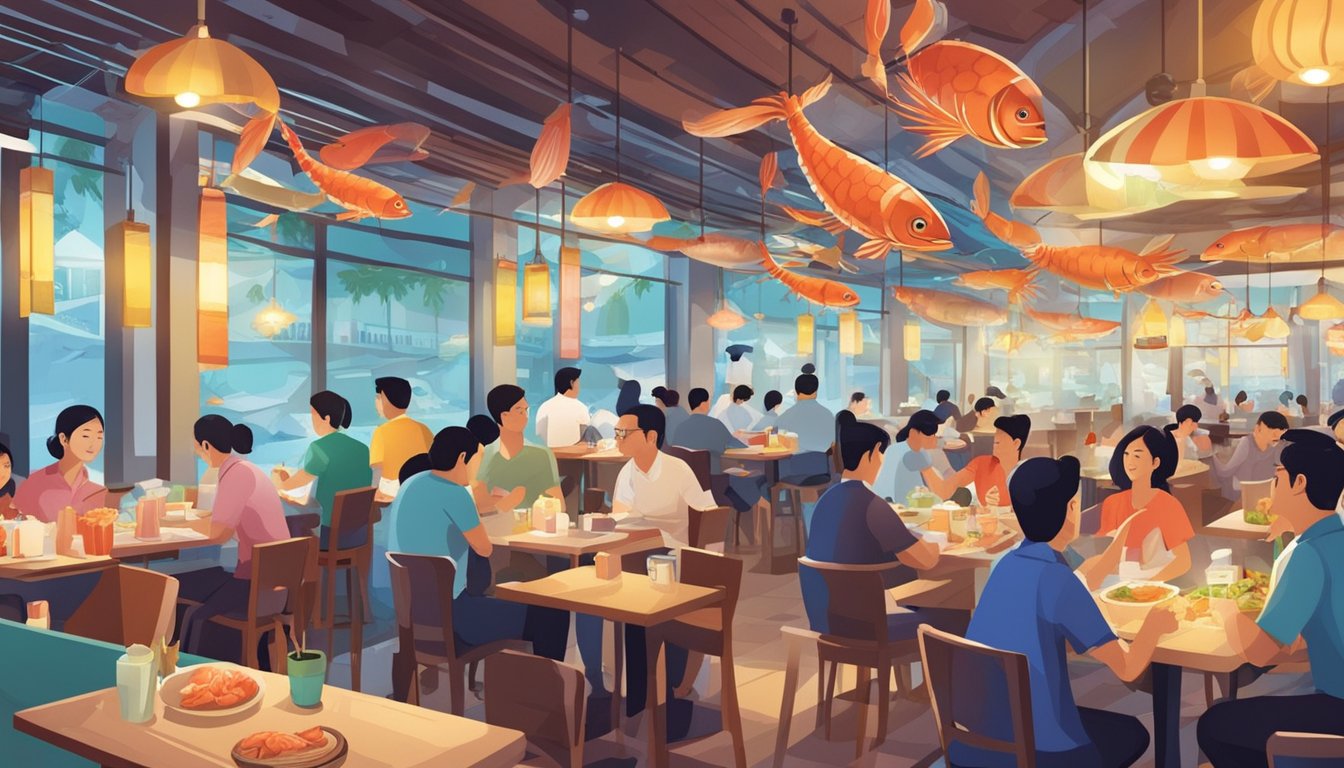 Customers savoring fresh seafood dishes at bustling Singapore fish restaurants. Brightly lit, with colorful decor and bustling activity