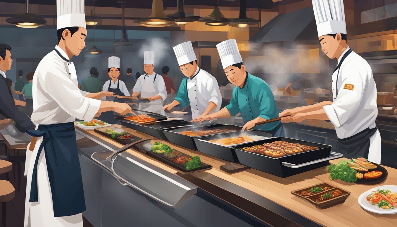 A teppanyaki chef grills food on a hot iron griddle, surrounded by diners. Steam rises as the chef expertly flips and slices the food, creating a lively and interactive dining experience