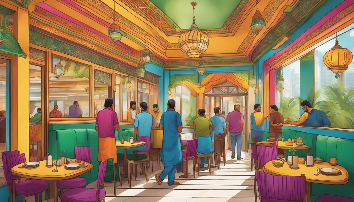 Customers entering a vibrant halal Indian restaurant in Singapore, with colorful decor and enticing aromas