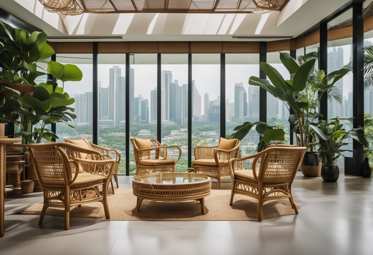 A bright, airy showroom filled with elegant Manila cane furniture, set against a backdrop of modern Singaporean architecture