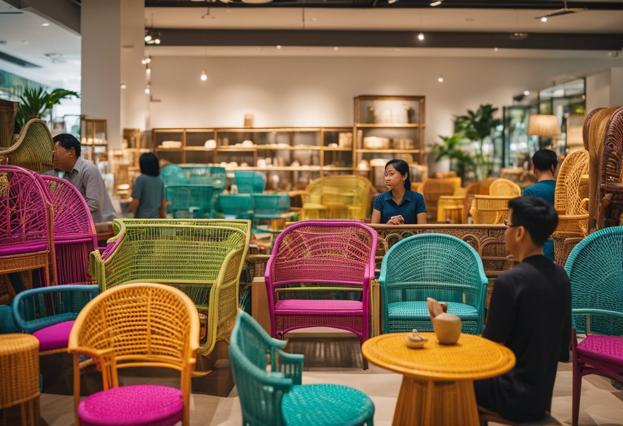 Customers browse through rows of intricately woven cane furniture in Singapore shops. Brightly colored chairs and tables fill the space, creating a vibrant and inviting atmosphere