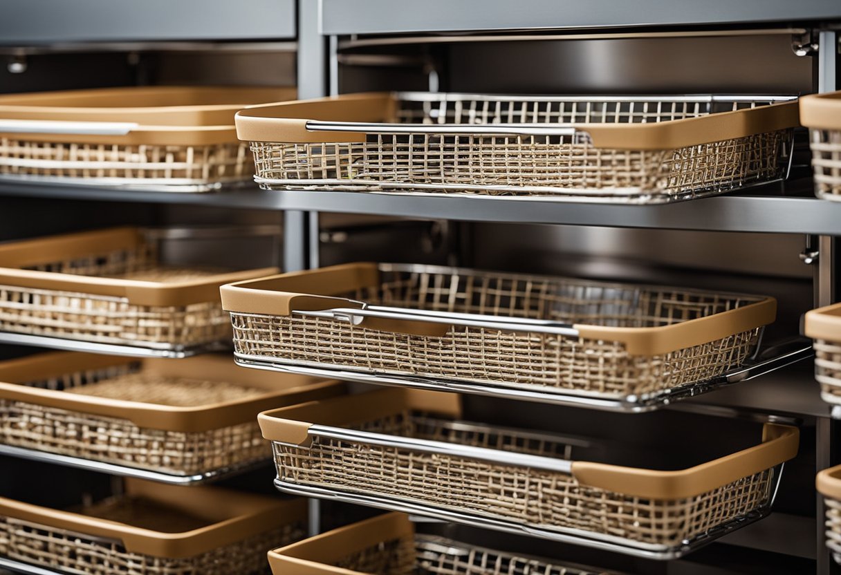 A set of innovative kitchen drawer baskets, with sleek metal frames and woven wicker or wire mesh inserts, providing both functionality and modern aesthetic appeal