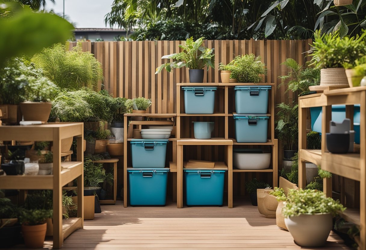 A sunny day in a backyard with a variety of outdoor storage furniture in Singapore. The furniture includes shelves, cabinets, and boxes, all designed to withstand the elements