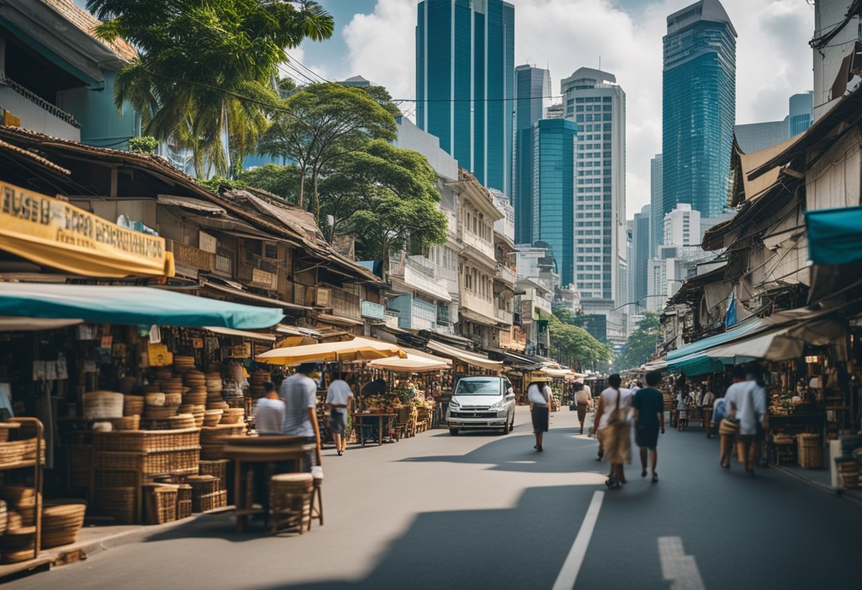 A bustling street in Manila, showcasing cane furniture shops and the vibrant business scene, with a backdrop of iconic Singapore landmarks